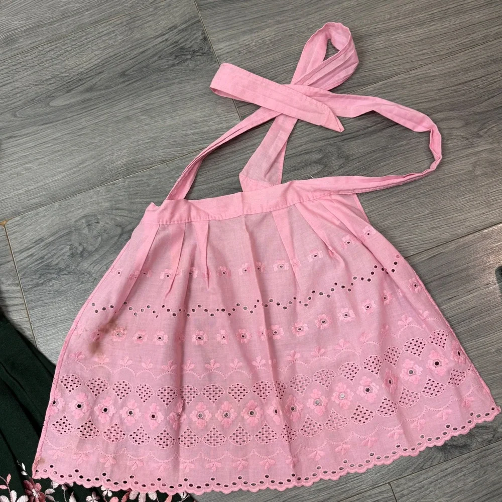 Vintage German Dirndl Set Kids Sz 6 Green Pink Floral Dress Apron Oktoberfest